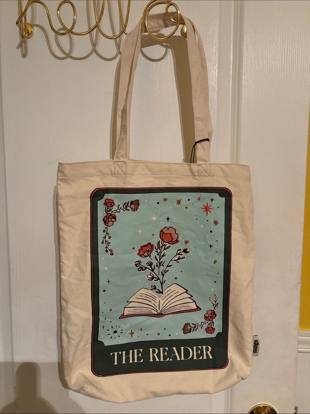 Indigo Canvas Tote in Cream with Mint & Red Floral Illustration